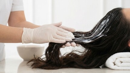 Hair treatment application by stylist with gloves in salon setting  