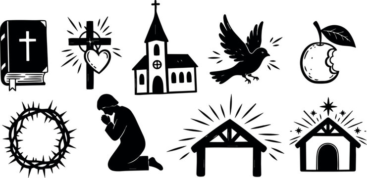 Minimalist black silhouette vector icons set of praying man church cross heart dove apple crown of thorns nativity stable star