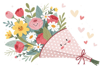 Dynamic Cute Flower Bouquet With Polka Dot Wrapping Professional Photo