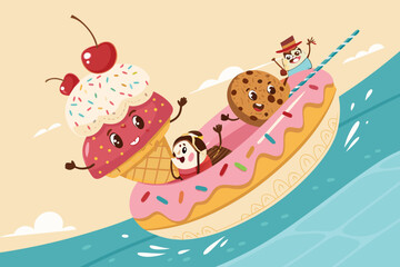 Naklejka premium Featuring Dessert Characters Riding Donut Float Beautiful Premium Digital Asset