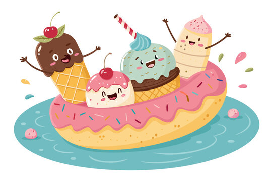 Showcasing Dessert Characters Riding Donut Float Crisp High-Quality Stock Image