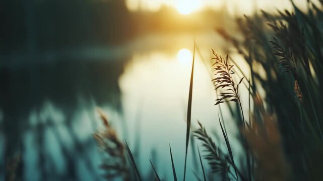 Golden reeds standing tall, reflecting warm sunlight and creating a serene, peaceful scene over the calm waters of a lake or river during a beautiful sunset
