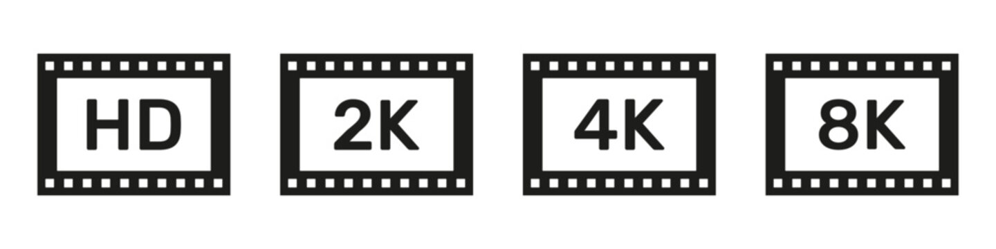 Set of Screen Resolution Silhouette Icon. Video Resolution Labels for Website. HD, Full HD, 2K, 4K, 8K Quality Set Collection. Isolated Vector Illustration