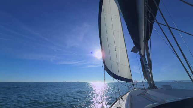 Valencia sailboat sailing on Mediterranean Sea with sun reflections