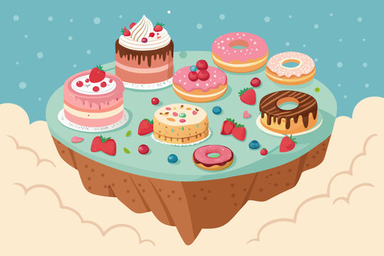 Depicting Floating Dessert Island With Cakes And Donu Crisp High-Quality Stock Image