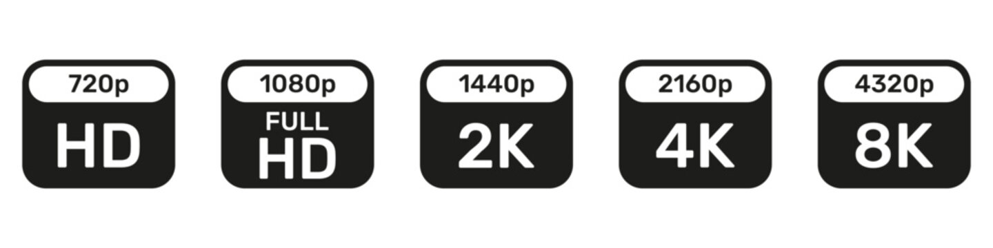 Hd, Full Hd, 2K, 4K, And 8K Quality Symbol Collection. Video Resolution Icons In Silhouette Set. Multimedia And Technology Use. HD Quality Set Icons. Isolated Vector Illustration