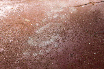 Fototapeta premium Close up of white footprints on a red floor. A child's footprints.