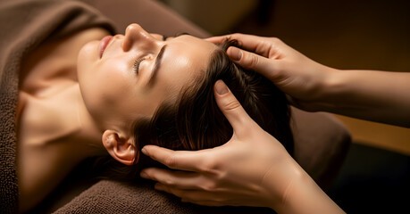 Obraz premium Close-up of a serene woman receiving a gentle head massage, promoting relaxation and well-being.