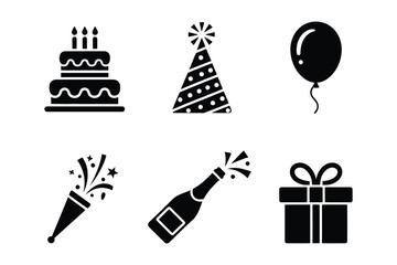 Fototapeta premium Birthday Party Icons Cake, Hat, Balloon, Popper, Champagne, Gift