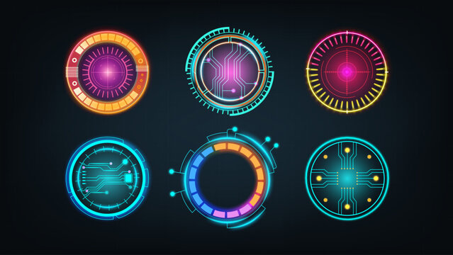 Tech HUD dashboard. Interface colorful display. Futuristic cyber round panel. Glowing data circle elements. Circuit AI network. Cyber frames collection. Digital control screen. Vector UI graphic set