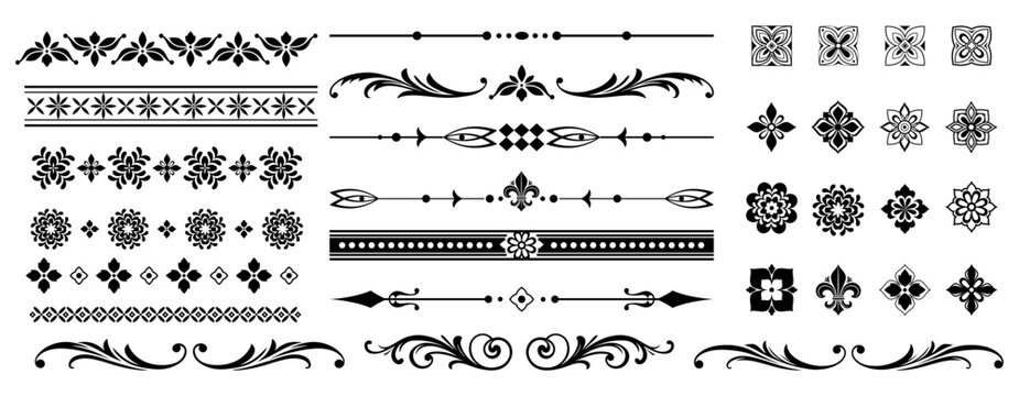 Decor ornament. Line swirls. Filigree for frame. Border element. Decorative calligraphic flourish geometric motifs. Typographic book text divider isolated elements. Separators vector victorian design