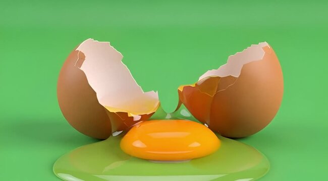 Close-up of a Cracked Egg Dripping Yolk on Green Background, Cinematic Motion