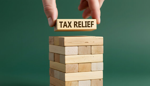 Hand carefully places a wooden block with "TAX RELIEF" on a precarious Jenga tower, symbolizing financial stability and risk.