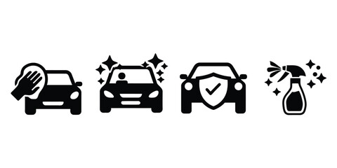 Black Car Wash & Care Icons: Sponge, Clean Car, Shield, Spray Bottle - Auto Detailing Services