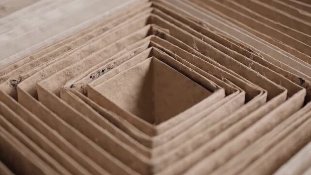 Overhead geometric pattern of folded recycled paper sheets in calm sustainable studio scene