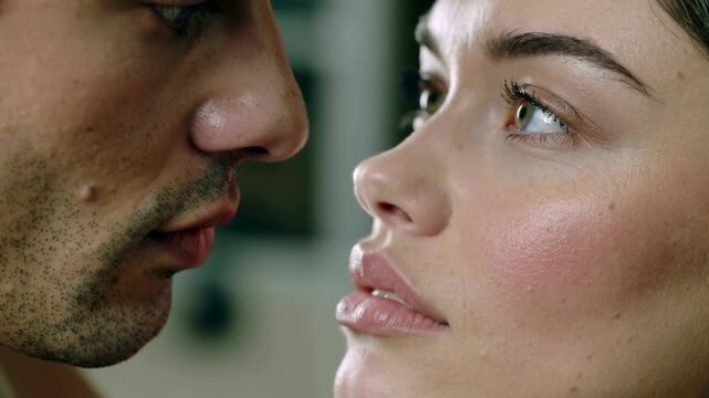 Extreme close up of a couple kissing, capturing intimate emotions, passion, tenderness, and human connection with natural skin texture and authentic romantic moment.