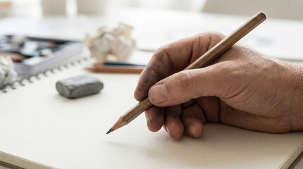 Artist's hand holding pencil while drawing on sketchbook at table  