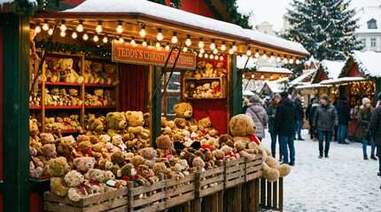 Christmas market stall with teddy bears and snow-covered surroundings  