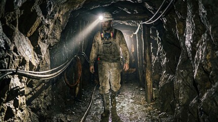 Miner walking through dimly lit tunnel wearing a headlamp and mask  