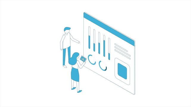 Outline isometric footage of a digital workspace with various elements representing business analytics including charts, graphs, and people. 
