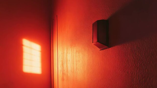Warm sunlight filtering through a window creates a rectangular grid shadow pattern on a red wall, with a small light fixture mounted above, emphasizing light and shadow contrast