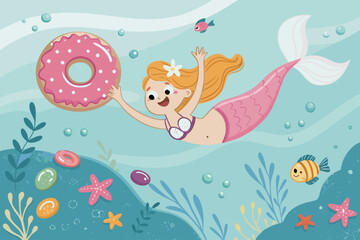 Crisp Playful Mermaid With Floating Donuts And High-Quality Stock Image