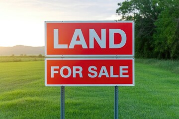 A bright red 'LAND FOR SALE' sign standing in a lush green field under a clear sky.