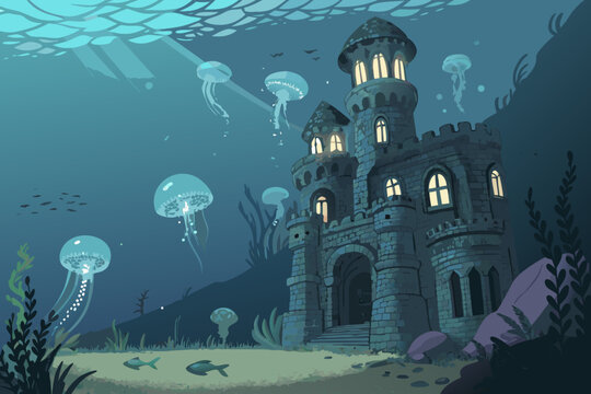 Beautiful Underwater Castle Surrounded Glowing Jel Creative Visual