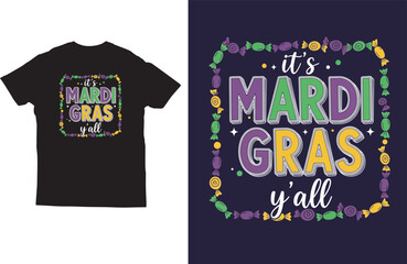 Mardi Gras Y&rsquo;all T Shirt Design with Colorful Beads Border Typography Illustration