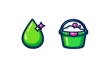Sparkling liquid drop and green bucket with soapy foam for cleaning © PAPA STOCK