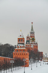 Spasskaya Tower at Red Square in winter in Moscow, Russia