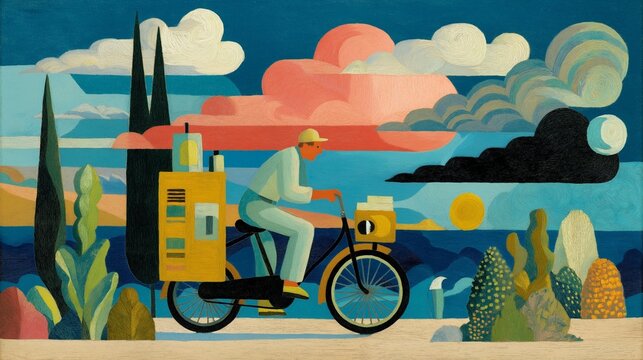 Cycliste avec remorque longeant la c&ocirc;te au coucher de soleil stylis&eacute;