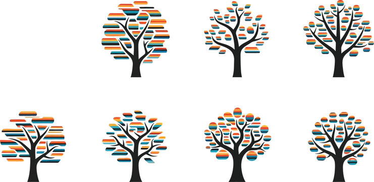 Set of abstract trees on transparent background. graphic plant icons. flat design illustration of stylized trees