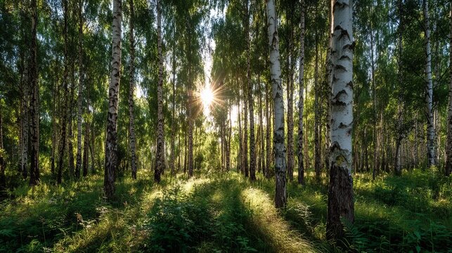 A serene forest landscape with sunlight filtering through the trees on a beautiful day