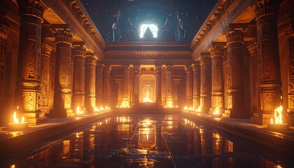 Obraz premium Ornate interior of an ancient temple with rows of pillars and a reflective pool, lit by candles and a bright light