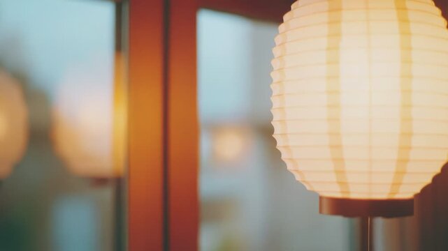 Traditional japanese paper lantern illuminating an indoor space, its paper surface glowing softly and creating a serene, inviting ambiance with warm light