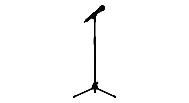 A black microphone on a stand isolated against a white background silhouette
