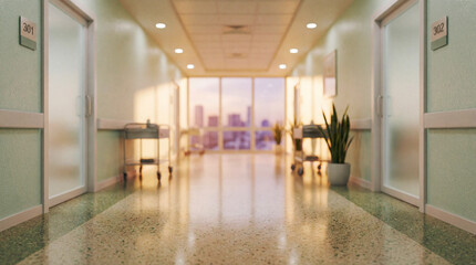 Modern hospital corridor with doors leading to rooms and a bright city view through large windows at the end of the hallway