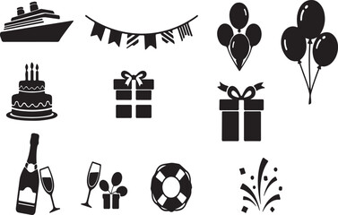 Celebration icons: cruise ship, cake, gifts, balloons, and confetti for parties