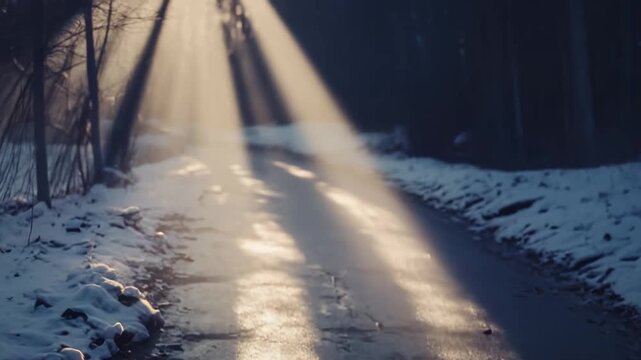 Sun rays piercing through trees, casting long shadows on a frozen, snowy path in a winter forest, creating a serene and ethereal outdoor scene during a cold morning