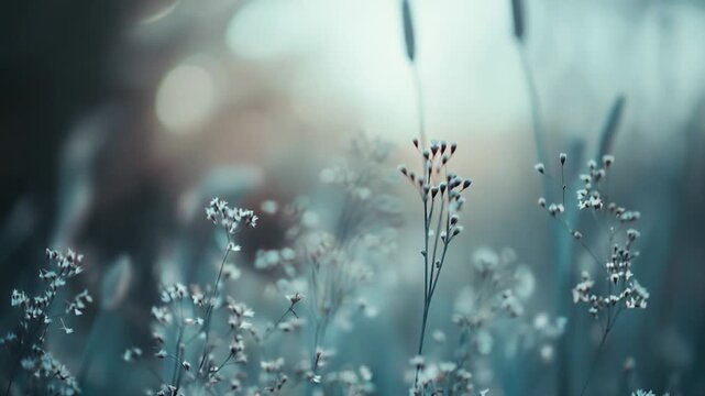 Delicate white wildflower buds on thin stems are captured in a dreamy, soft focus setting, reflecting a calm and serene mood with cool blue and green tones