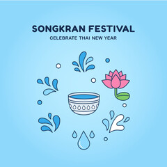Songkran Festival Celebration: A vibrant illustration for Songkran Festival, the Thai New Year celebration. Featuring water splashes, a water bowl, and a lotus flower.