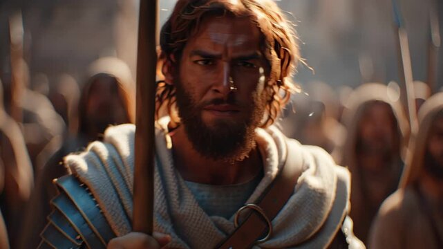 Biblical man in armor looking around with a spear. Religious historical scene from ancient times.