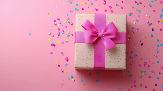 A wrapped gift box with pink ribbon and bow on a pink background, confetti scattered
