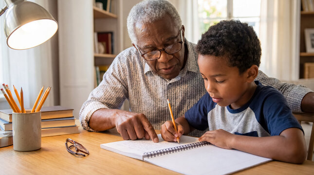 Black grandfather helping grandson with homework family education support background copy space childhood literacy generational connection african american