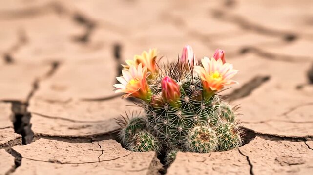 Cactus Flowers Blooming in Dry Cracked Earth.