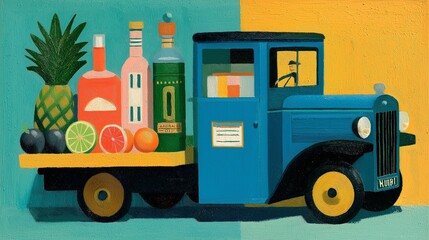 Naklejka premium Camion bleu vintage chargé de fruits et bouteilles sur fond coloré rétro