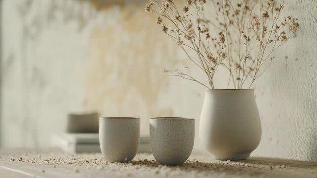 Minimalist home interior with ceramic vases and cups, dried flowers on a wooden table against a textured beige wall, warm earthy tones and simple, cozy styling