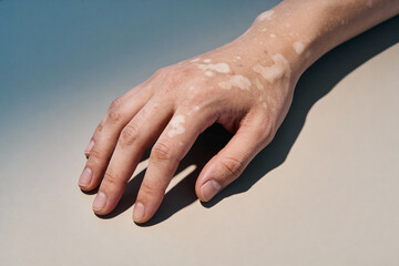 Obraz premium Close-up of a human hand with vitiligo showing irregular white patches on natural skin. Concept of skin condition, dermatology, health awareness, and medical diversity in well-lit environment.