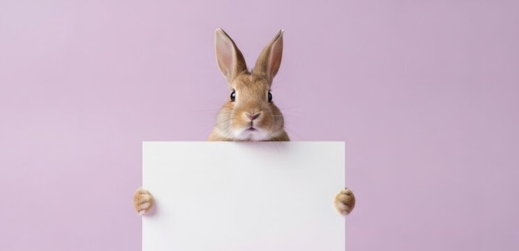 Cute rabbit holding blank sign. Bunny peeking over empty white banner board with copy space. Easter holiday animal for message or advertisement.